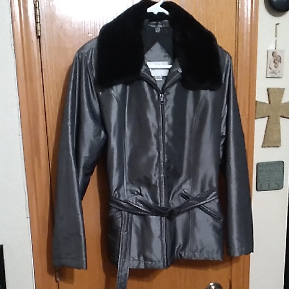 Jacqueline Ferrar Gray Jacket with Black Faux Fur Collar